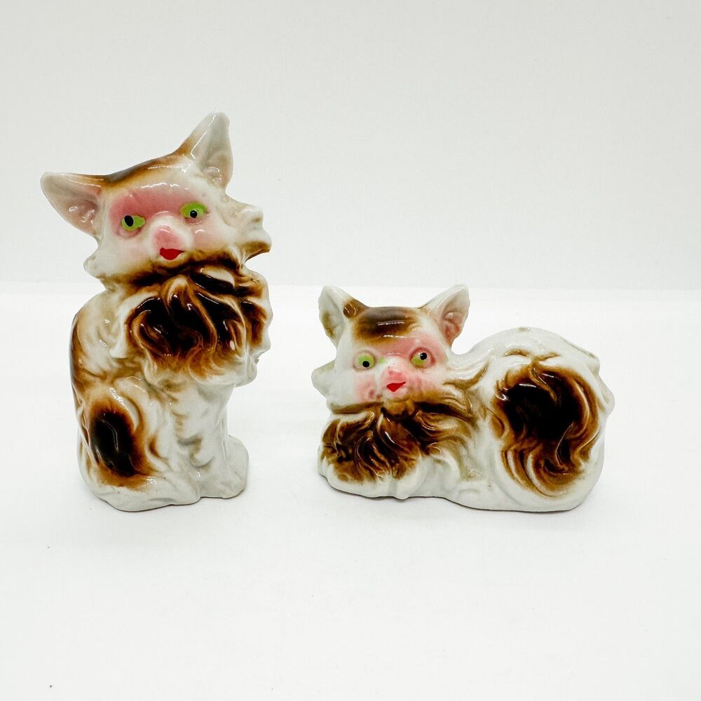 Vtg Ceramic Cross Eyed Cat Pair Crazy MCM Kitsch Kitschy Silly Figurine